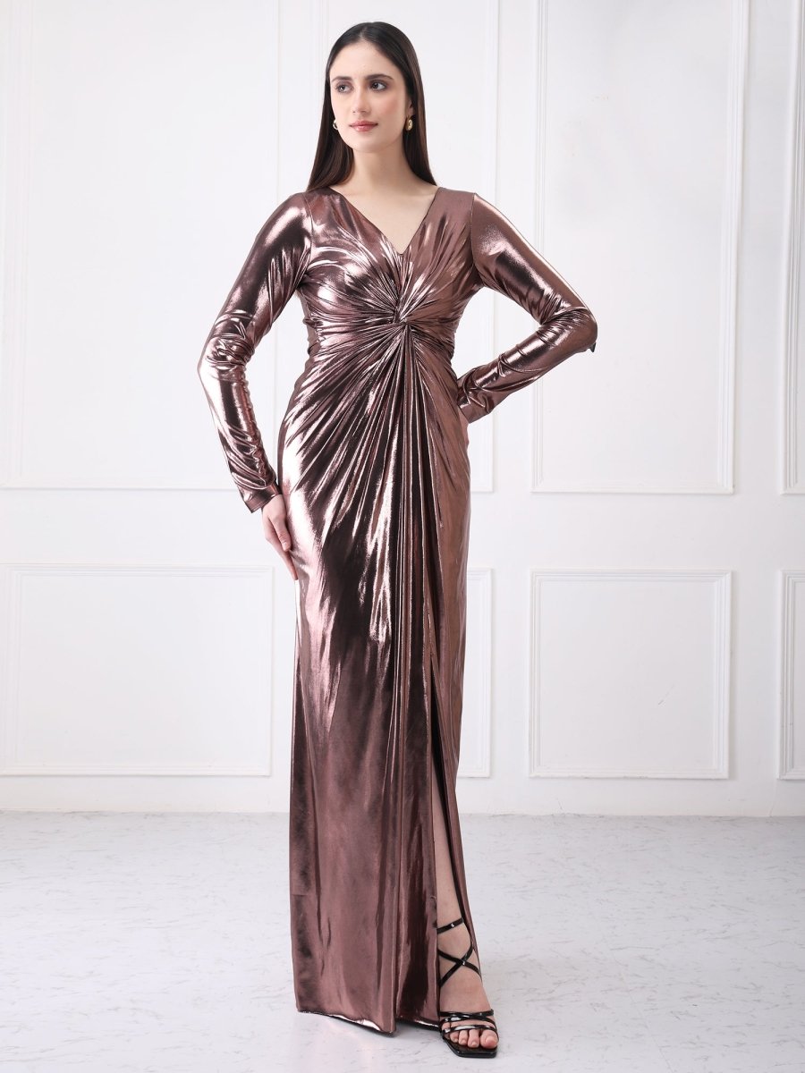 Gaiia Metallic Twisted Knot Long Slit Maxi Dress - GAIIA